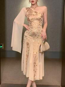 DAZY Vestido midi con escote asimétrico con volantes, falda de sirena y parches de lentejuelas para mujer, vestido de fiesta, vestido formal, vestido de manga larga para otoño, vestido elegante de lujo para mujer, nuevo atuendo de Año Nuevo, vestido brillante de carnaval - Albaricoque - Ver 3