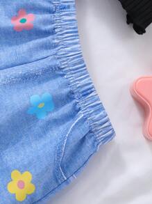 2pcs/Set Tween Girls' Cute Letter & Cartoon Print Ribbed Short Sleeve Top And Denim Effect Print Shorts Set, Summer - Black - View 6