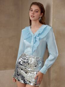 MOTF PLEATED RUFFLE TRIM BLOUSE,SPRING/SUMMER - Blue - View 5