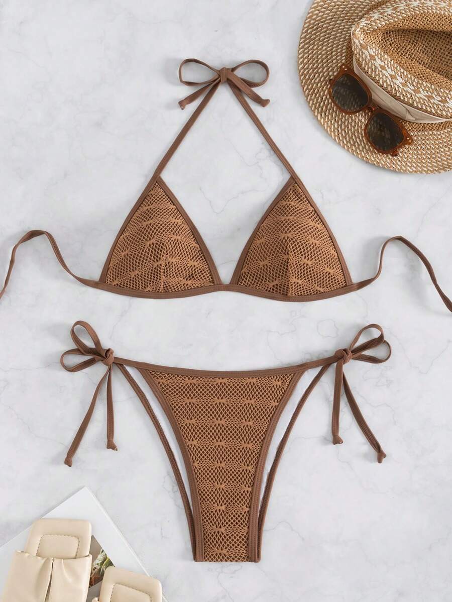 SHEIN Swim Women's 2 Pieces Bikini Swimwear,Brown Hollow Texture Fabric String Tie Design,Casual Summer Beach Vacation Holiday Chic European & American Style - Brown - View 1
