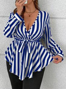 Maweii Plus Size Striped Printed Cross Collar Asymmetrical Hem Blouse Peplum Top - Blue - View 4