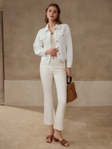 MOTF PREMIUM 刺绣纽扣牛仔夹克 - 白色 - 查看 4