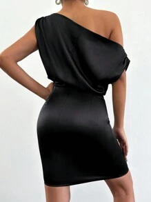 RueChic Asymmetrical Neck Fitted Dress - Black - View 2