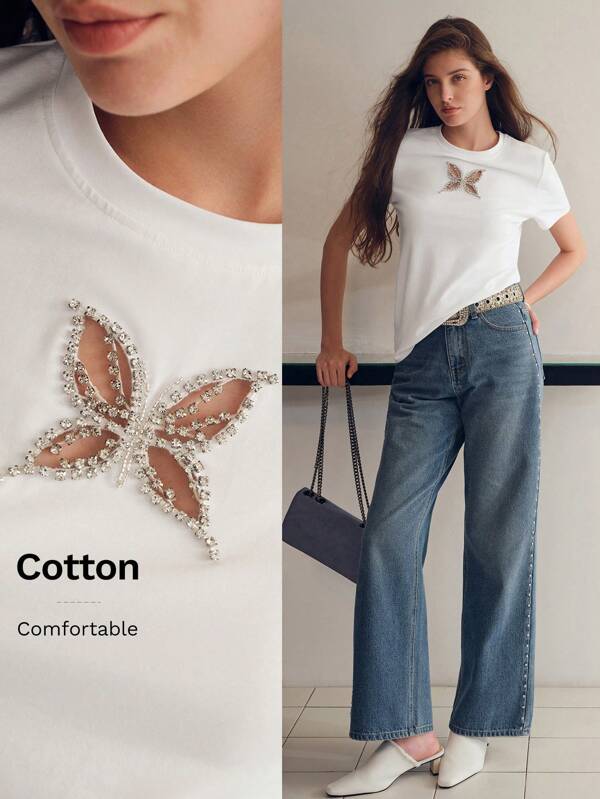 MOTF STUDIO RHINESTONE BUTTERFLY CUT OUT T-SHIRT,SUMMER OUTFITS