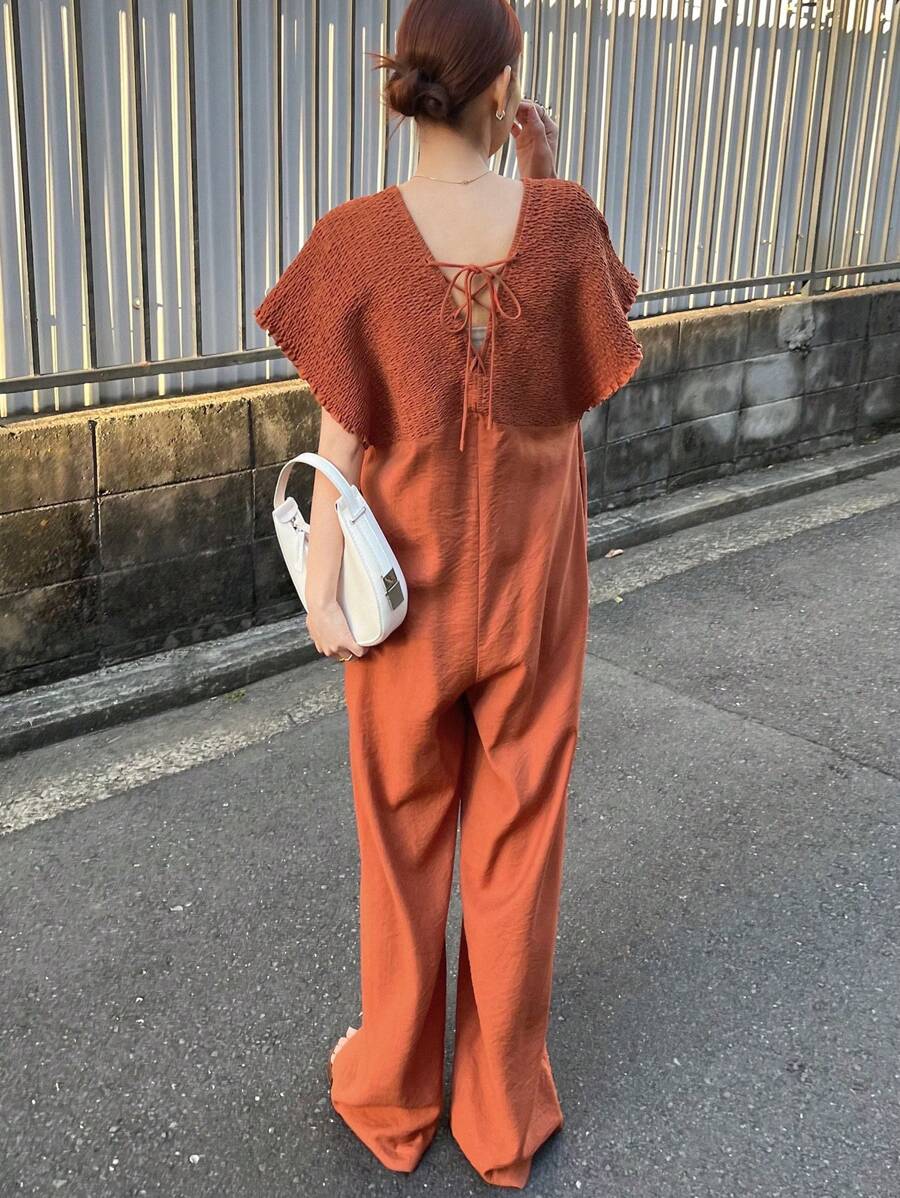 FRIFUL Women's Orange Jumpsuit With V-Neck And Tie, Summer Outfit Romper - Orange - View 1
