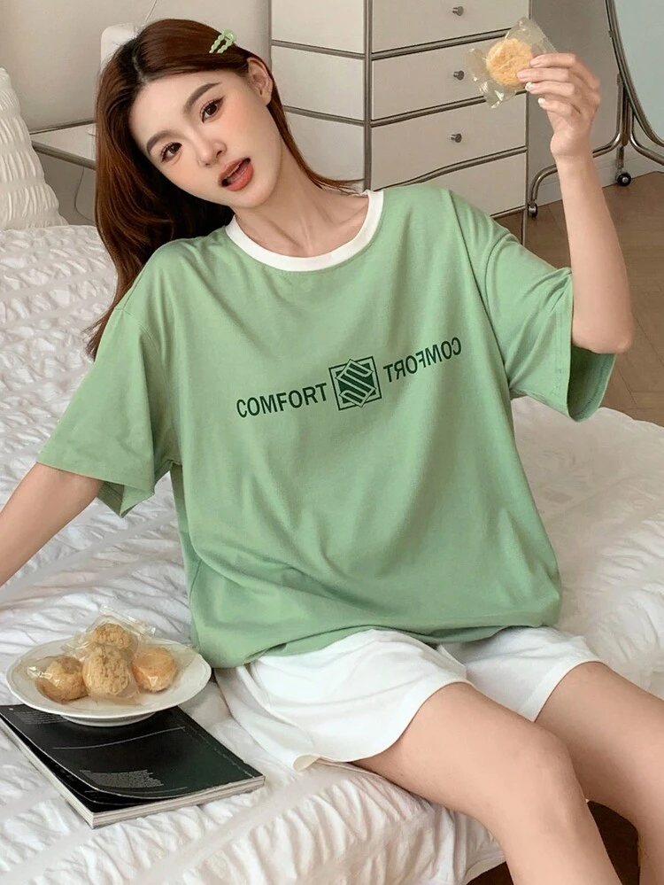2pcs Women Oversized Letter Print Short Sleeve Loungewear Set Pajama