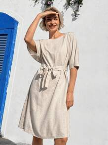 EMERY ROSE Đầm mini thường ngày cổ tròn tay ngắn buộc dây phía trước cho nữ - Màu Khaki - Xem 1