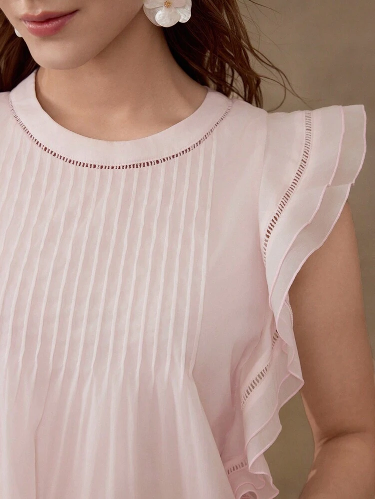 CONTRAST LACE RUFFLE TRIM BLOUSE,SPRING/SUMMER