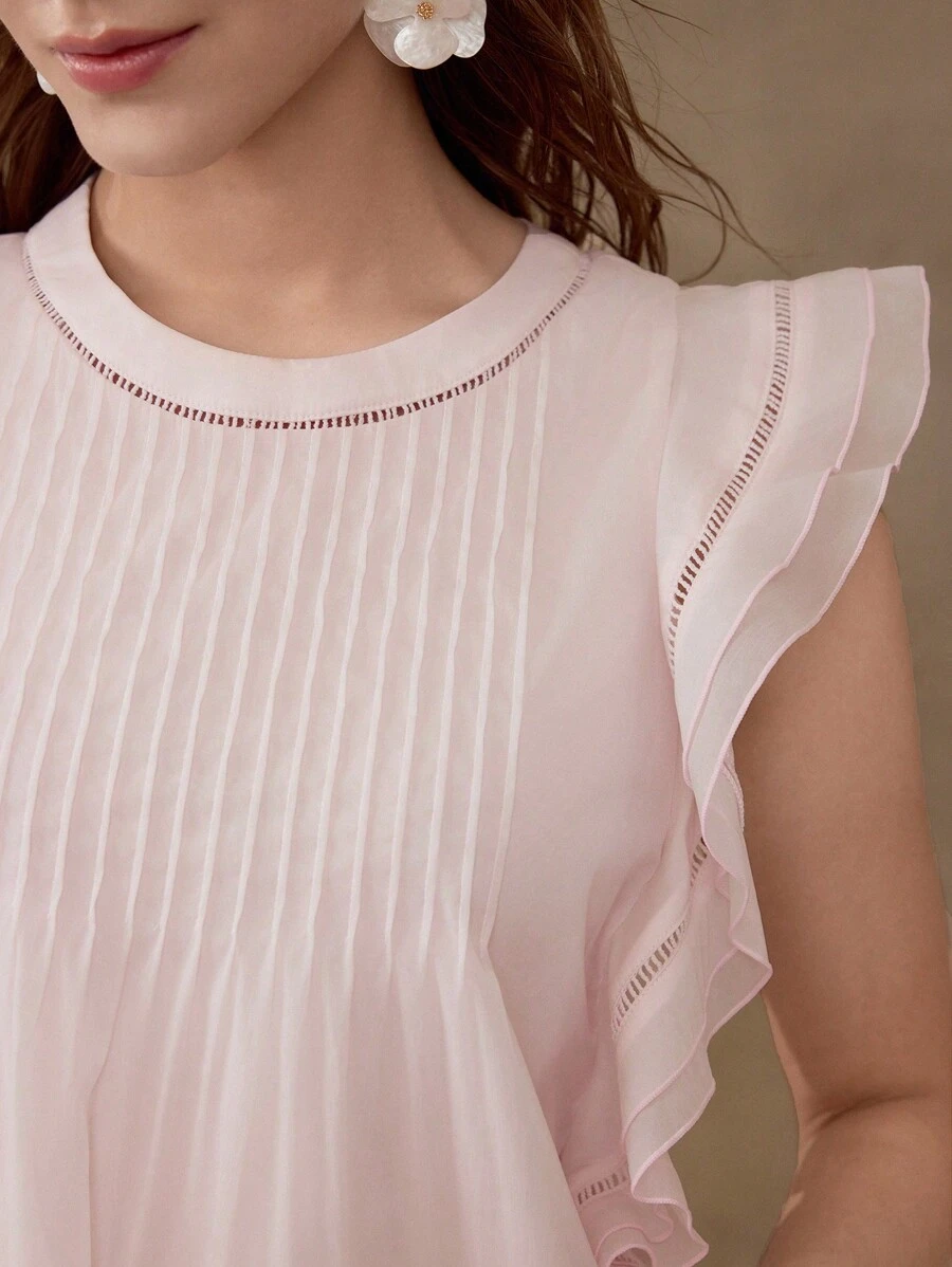 MOTF PREMIUM 对比色蕾丝荷叶边衬衫 - 粉色 - 查看 2