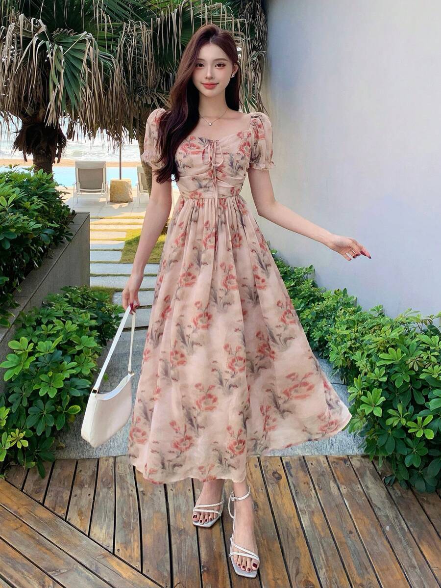 DAZY 女式甜心领系带正面花卉印花长款衬衫裙太阳裙