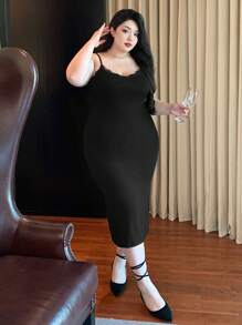 Dazy Plus Plus Size Contrast Lace Slim Fit Dress, Spring/Summer Delicate Lace Party Women Dresses - Black - View 6