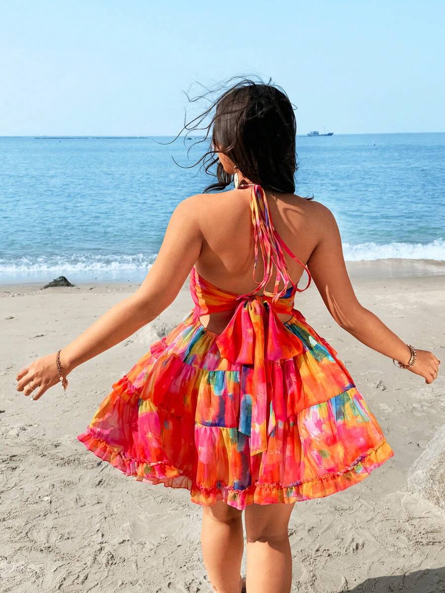 Flirla Plus Size Spring & Summer Beach Stylish Sexy Colorful Print Backless Halter Dress - Multicolor - View 1