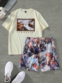 Manfinity EMRG Set maglietta da uomo con tema "GENESIS" e pantaloncini con stampa di elementi di dipinti classici, combina elementi classici in modo intelligente. Set casual da uomo composto da t-shirt a maniche corte con stampa di lettere e pantaloncini, set maschile estivo in due pezzi