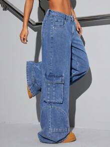 SHEIN ICON Quần Jeans Denim Ống Thẳng Cạp Thấp Thường Ngày Cho Nữ - Rửa tối - Xem 1