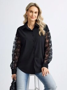 Miaspire Women's Floral Mesh Patchwork Long Sleeve Single-Breasted Shirt - Black - View 6