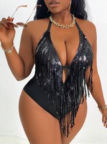 SHEIN Slayr CURVE Traje de baño de una pieza con escote halter calado para mujer de talla grande, sexy y elegante para fiestas, para vacaciones de verano en la playa