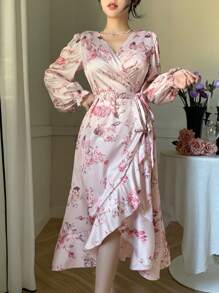 DAZY Damen V-Ausschnitt Rüschen Saum gebundenes Blumen Midi Kleid Abendkleid, Herbstkleid Langarm Kleid Elegante Damenkleider - Pink - Übersicht 7