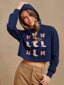 WESTFADE 春季蝴蝶结图案和牛仔靴印花 V 领长袖短款西部图案连帽衫运动衫西部服饰女装