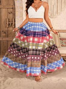 Breezaya Falda larga casual de talla grande para mujer con cintura elástica y estampado a cuadros