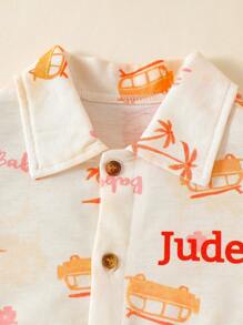 Set de 2 piezas de camisa de manga corta y pantalones cortos casuales para niños con impresión de árbol de coco y coche de dibujos animados, fresco, ligero y cómodo para uso diario y al aire libre en verano