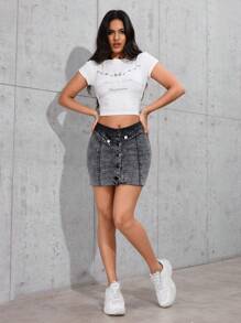 SHEIN PETITE 女款前扣式極簡修身牛仔裙，休閒日常穿著，適合嬌小女性 - 深灰色 - 查看 3