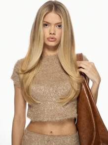 MISSGUIDED 奢华毛绒针织短款上衣和迷你裙套装晚会俱乐部服装柔软毛绒纹理套装节日派对冬季时尚套装 - 棕色 - 查看 7