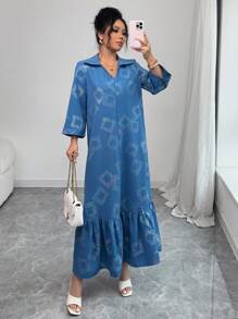 Al Najma 女式褶皱印花长袖休闲长裙，简约阿拉伯风格 - 藍色 - 查看 3