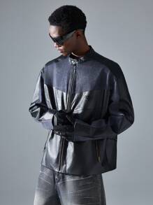 NEON BLANC Men's Patchwork PU Leather Zip Up Jacket With Stand Collar, Grunge, Fall/Winter - Black - View 2