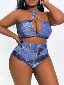 SHEIN Slayr CURVE Plus Size Casual Street Style Denim Effect Print Cut Out One-Piece Suit, For Summer Beach Vacation