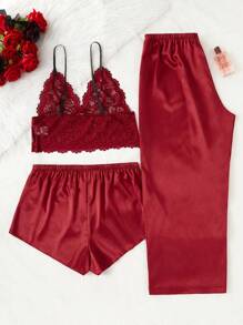 SilkySpell Juego de lencería de 3 piezas/set para el Día de San Valentín, compuesto por camiseta sin tirantes de encaje rojo y pantalones de seda falsa