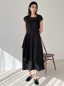 FRIFUL Vestido casual sólido de mujer con parches de malla, vestido de verano para uso diario - Negro - Ver 8