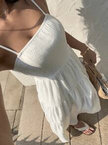 Sunnyshic 浅杏色纹理面料褶皱抹胸宽腰细肩带连衣裙，轻松度假风格 - 杏色 - 查看 6