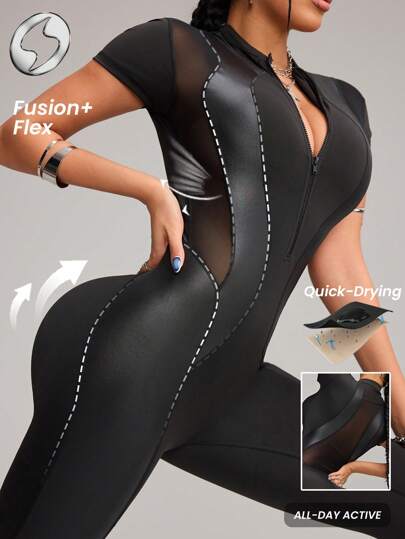 Innovista Zip Mesh Suit Black Short Sleeve Jumpsuit, Front Zipper, Shiny PU Leather Patchwork, Mesh Panels, High Stretch Sculpting Compression, Butt Lift | Gym Workout Yoga Pilates Dance | Mono Deportivo Manga Corta, Cremallera Frontal, Malla, Efecto Moldeador | Macacão Manga Curta, Zíper, Recorte Em Tela, Modelador | Gymtok Pilates Girl Y2k Athleisure