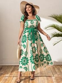 Breezaya Plus Size Women's Boho Valentine's Day Woven Print Color Block Square Neck Tie Waist Short Sleeve Casual Dress, For Summer