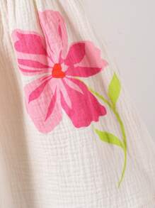 SHEIN Playful Pals Baby Girls Casual Cute Pink Big Floral Print Frill Sleeve White Woven Dress, Summer Korean Style