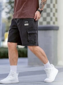 Manfinity Homme 男士休闲牛仔阔腿短裤带口袋标签装饰 - 黑色 - 查看 6