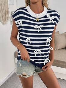 SHEIN LUNE Top de punto sin mangas con bloques de color, rayas y decoración de lazo, versátil para usar como ropa exterior en primavera/verano - Azul - Ver 5