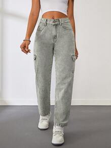 SHEIN Tall Women's Casual Fitted Tapered Cargo Jeans - Army Green - View 3