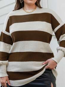SHEIN Cottnline Plus Sıze Strıpe Detaıl Casual Sweater - Brown - View 7