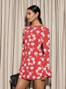 AiiRZ Slash Neck With Scoop Back Floral Flippy Mini Dress Valentines - Multicolor - View 5