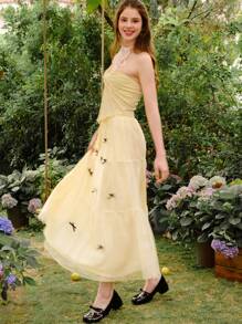 SHEIN Váy đơn giản trang trí nơ thường ngày cho bé gái tuổi teen - Màu be - Xem 4