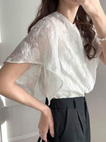 FRIFUL Women's White Textured Fabric Blouse, Lovely Ladies Summer Top