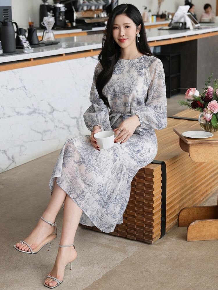 1pc All-Over Floral Print Loose Fit Midi Dress For Women,Fall Dress Long Sleeve Dress