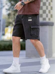Manfinity Homme 男士休闲牛仔阔腿短裤带口袋标签装饰 - 黑色 - 查看 5