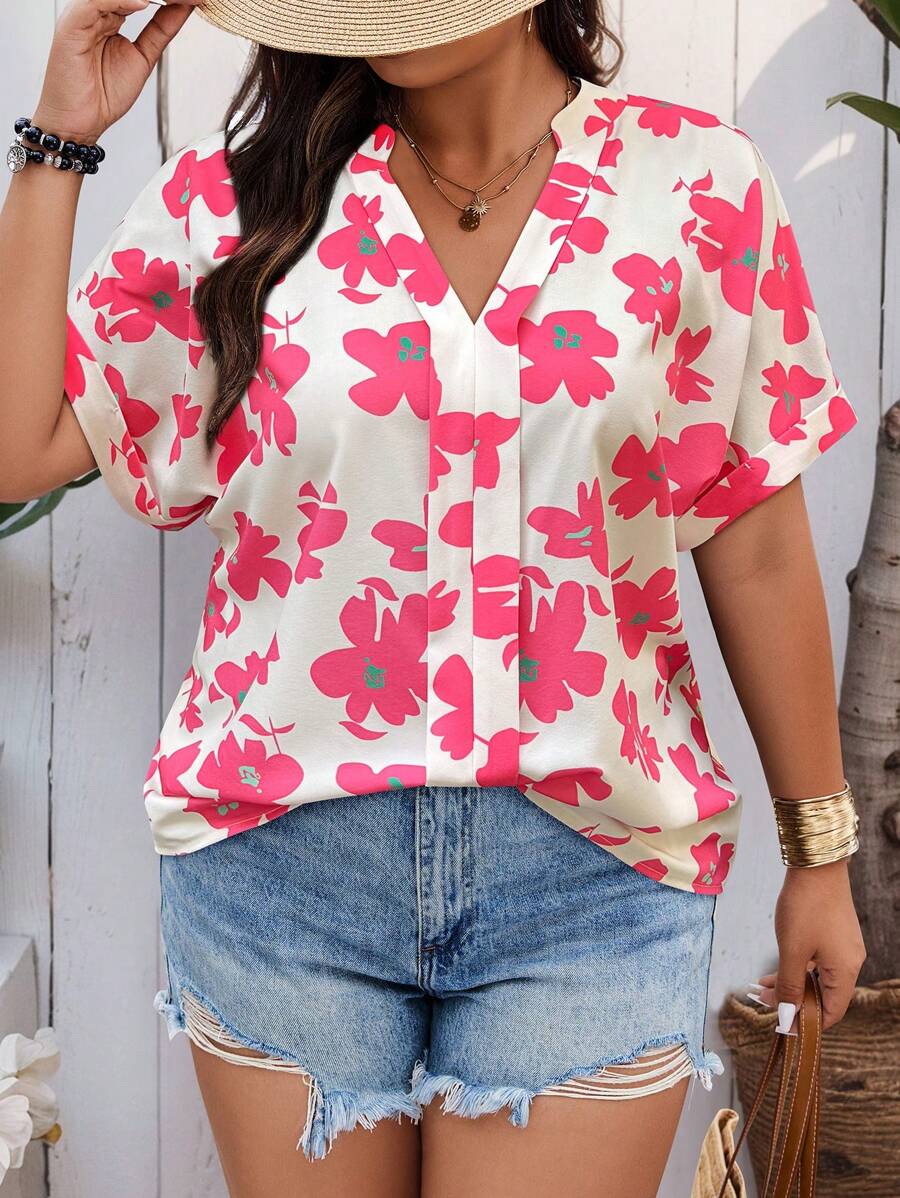 SHEIN Clasi Áo cánh ngắn tay cổ chữ V phong cách Boho cỡ lớn cho kỳ nghỉ hè - Nhiều màu - Xem 1