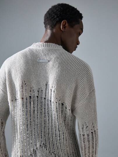 NEON BLANC Men's Street Fashion Gray Hollow Embroidered Crew Neck Sweater, For Fall Winter