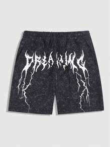 ROMWE MEN Goth 男士复古风前系带口袋简约休闲水洗短裤 - 黑色 - 查看 1