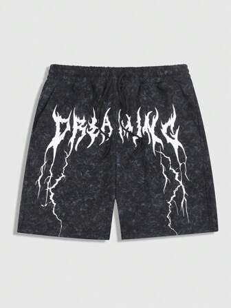 Grunge Punk Pantalones cortos casuales con bolsillo y estampado de copos de nieve para hombre