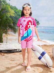 1pc Young Girl One-Piece Swimsuit (Printed Pattern) - Pink - View 1