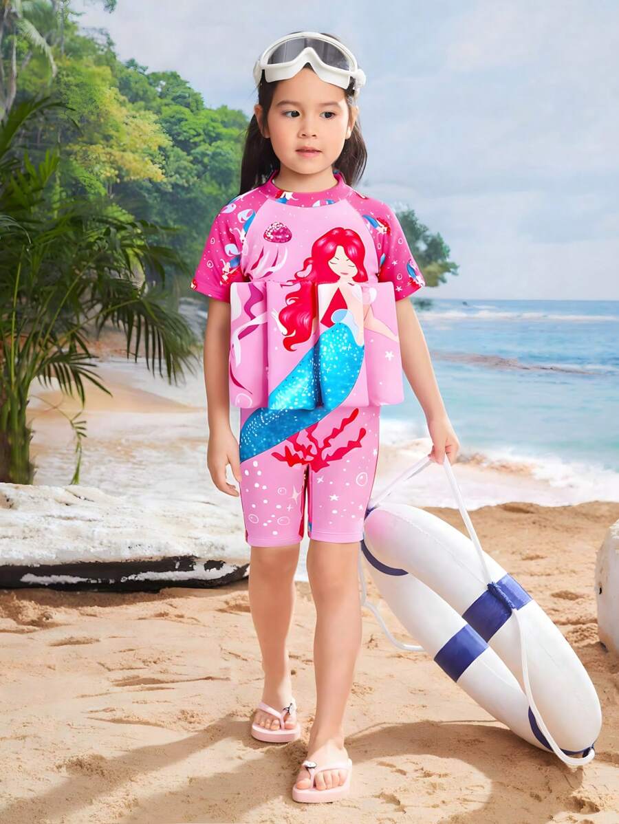 1pc Young Girl One-Piece Swimsuit (Printed Pattern) - Pink - View 1